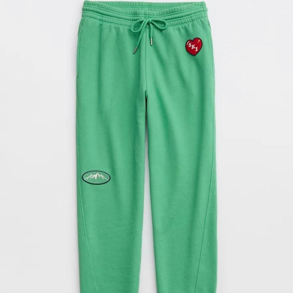 Aerie Green Classic Holiday limited Joggers With Hear, Smile, Mountain Patches